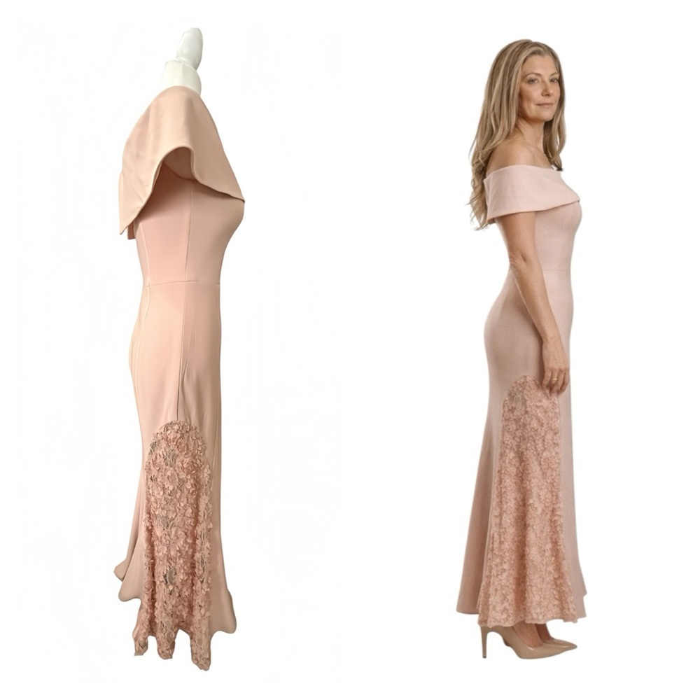 Betsy & Adam Bardot Off Shoulder Mermaid Gown 4 Blush Pink Lace Formal Dress - Picture 2 of 14